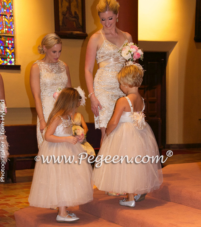 Toffee silk and tulle and Swarovski crystals flower girl dresses