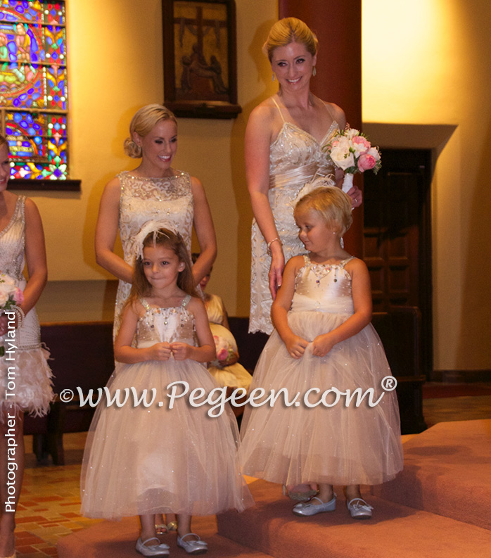 Toffee silk and tulle and Swarovski crystals flower girl dresses