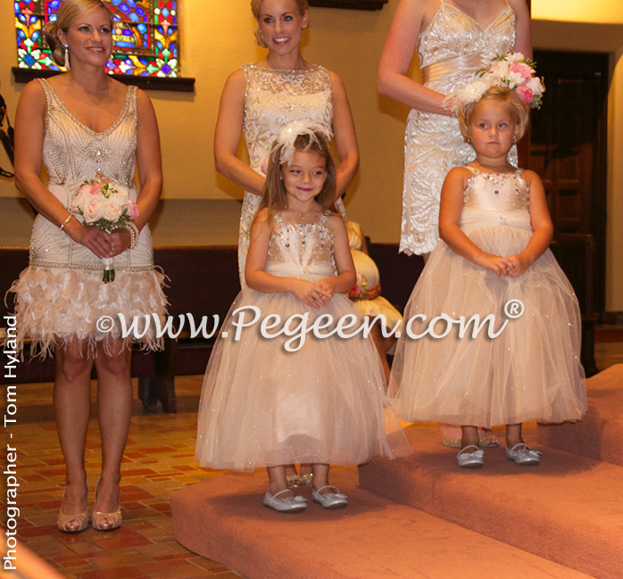 Toffee silk and tulle and Swarovski crystals flower girl dresses