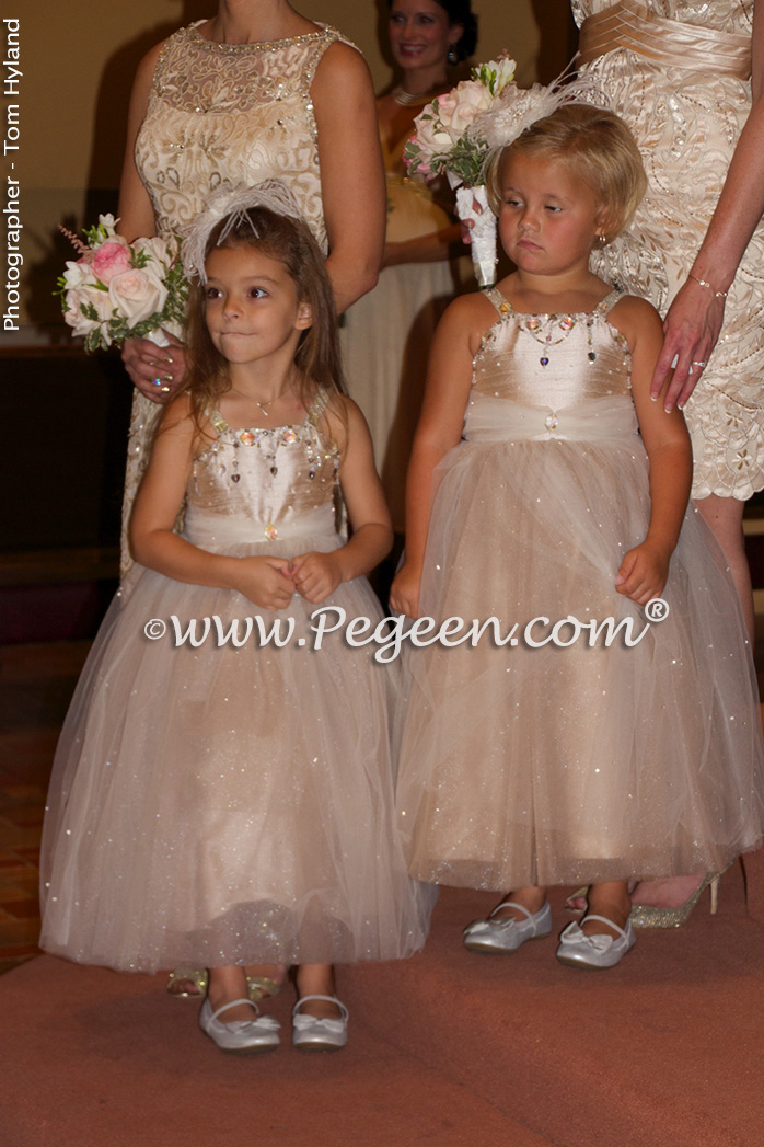 Toffee silk and tulle and Swarovski crystals flower girl dresses