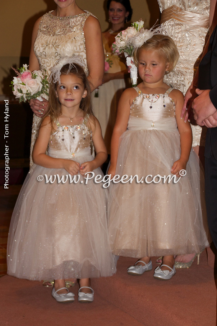 Toffee silk and tulle and Swarovski crystals flower girl dresses