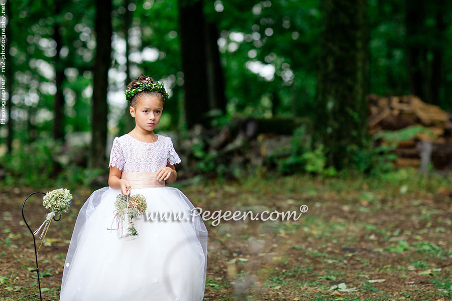 2016 Back Yard Wedding/Flower Girl Dress of the Year in silk and tulle, Swarovski Crystals and Burnout Lace