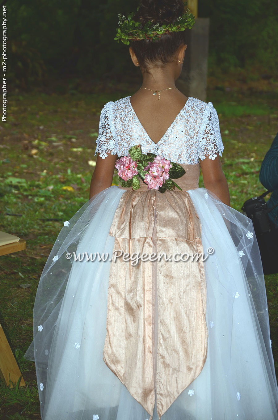 2016 Back Yard Wedding/Flower Girl Dress of the Year in silk and tulle, Swarovski Crystals and Burnout Lace