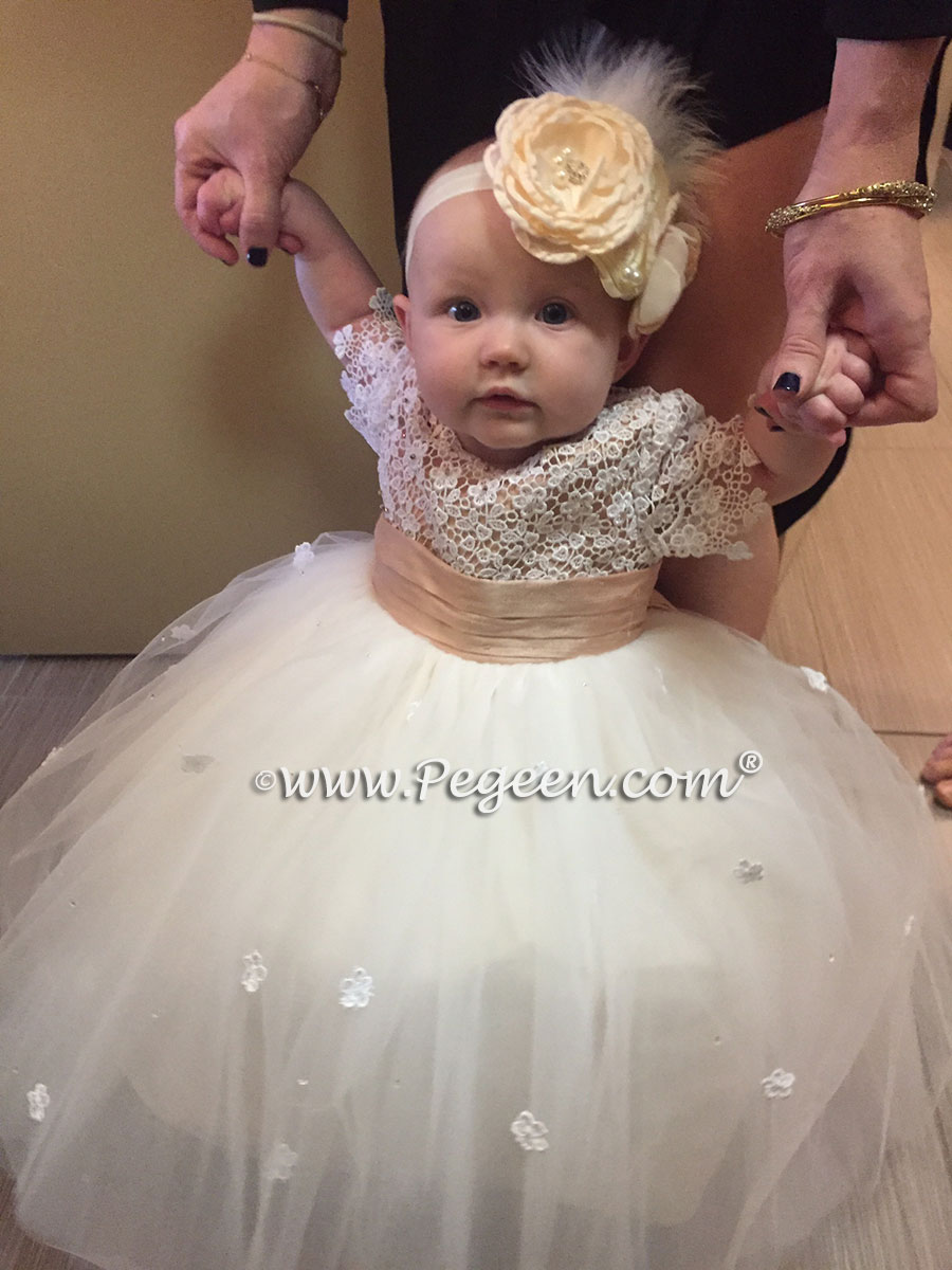 2016 Back Yard Wedding/Flower Girl Dress of the Year in silk and tulle, Swarovski Crystals and Burnout Lace