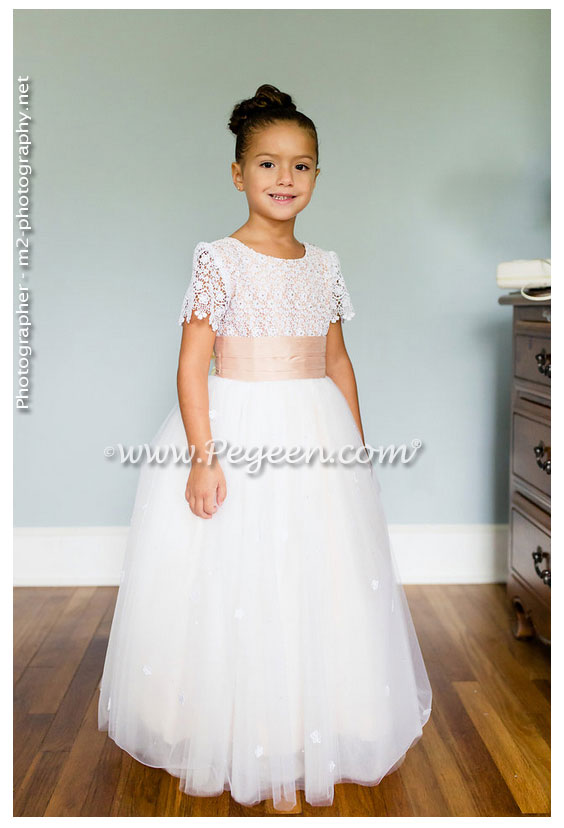 2016 Back Yard Wedding/Flower Girl Dress of the Year in silk and tulle, Swarovski Crystals and Burnout Lace