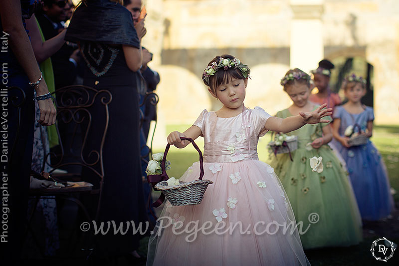 2016 Flower Girl Dress/Wedding of the Year in multiple shades of silk and tulle, Swarovski Crystal and Hydrangea flower petals