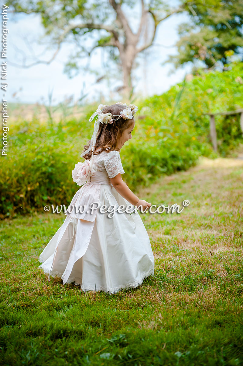 2016 Garden Wedding/ Flower Girl Dress Runner-Up in Ivory and Champagne Pink with Aloncon Lace Trim and Silk Flowers